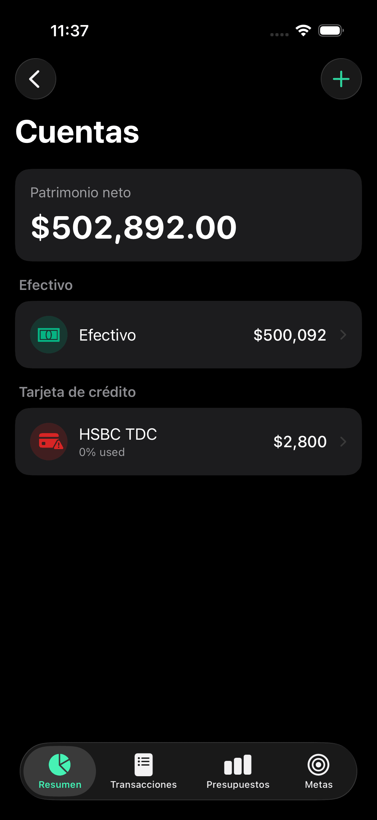 Cuentas: patrimonio neto consolidado entre efectivo y tarjetas