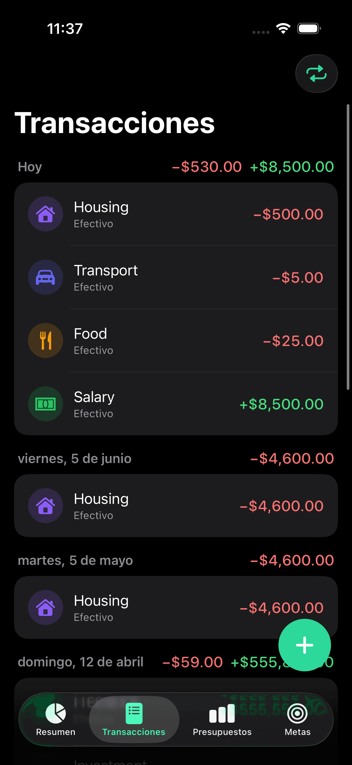 Transacciones agrupadas por día con el neto ya calculado